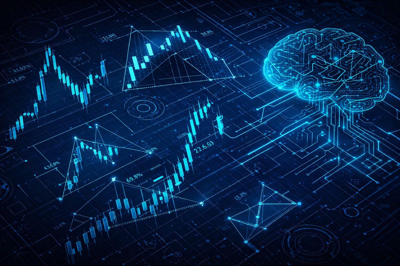 青い空間に浮かぶ光るローソク足チャートとデジタルな脳の回路図。FXのテクニカル分析と論理的なトレード手法（ダウ理論・パターン分析）を象徴するイメージ画像