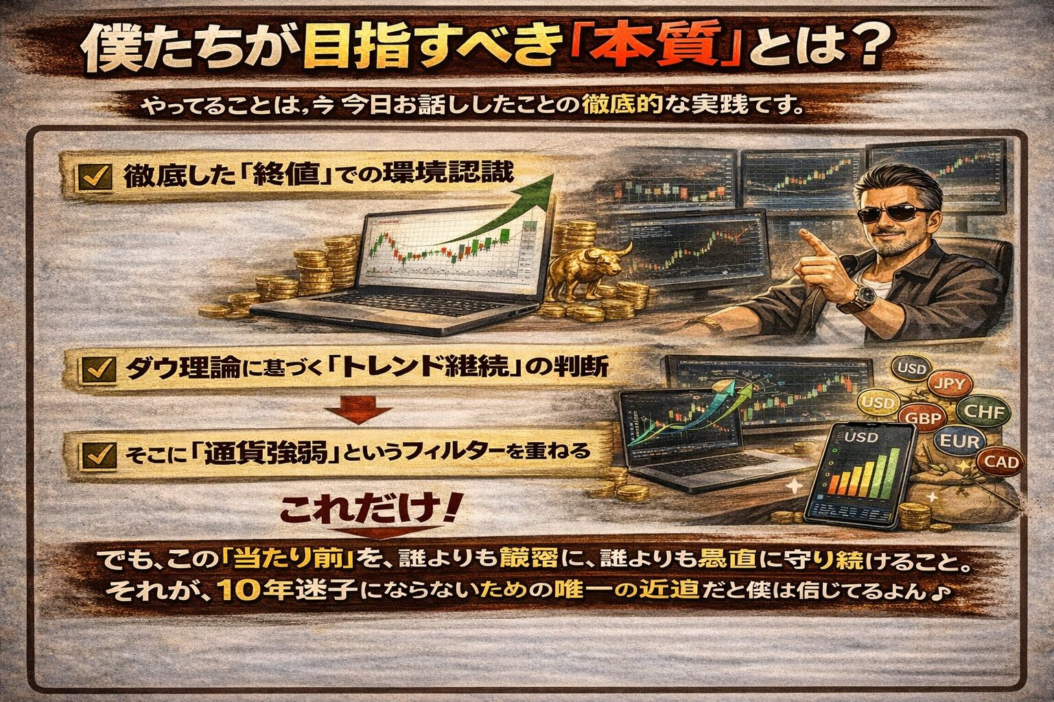 FXで目指すべき本質のトレードスタイル。徹底した終値での環境認識、ダウ理論によるトレンド継続判断、そして通貨強弱フィルターを組み合わせたシンプルな勝利の方程式。