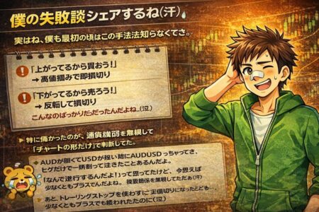 FXトレードで通貨強弱やリスク管理を軽視して失敗した経験から学んだ教訓を伝えるイラスト