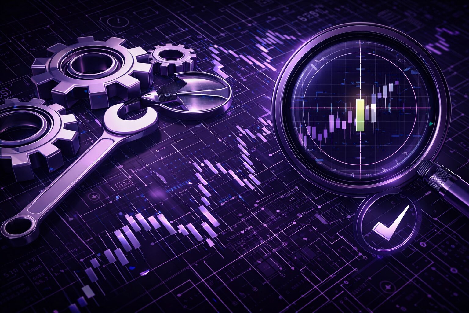 紫色のメタリックな歯車とレンチ、チャートを拡大して詳細を確認するスコープ風の虫眼鏡。FXのオリジナルツール開発やインジケーターの検証作業をイメージしたイラスト