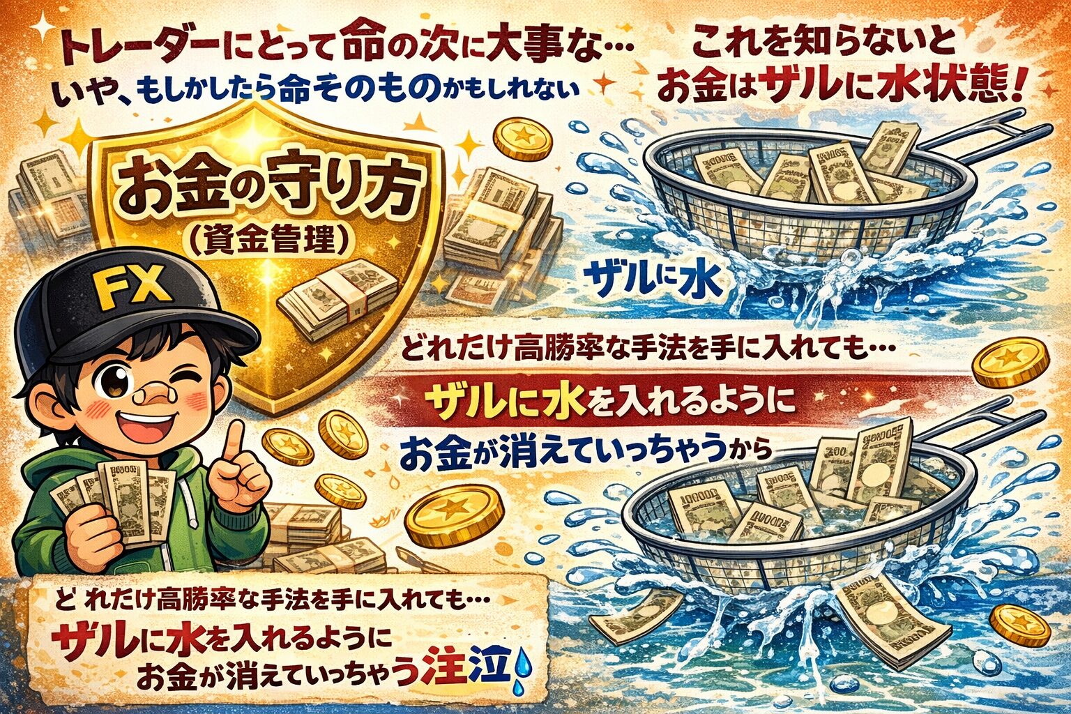 資金管理を知らないとFXで稼いだお金がザルに水を入れるように消えていく様子のイラスト
