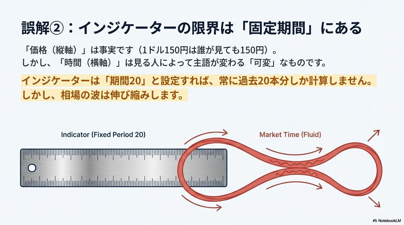 誤解②:インジケーターの限界は「固定期間」。でも相場の時間は伸び縮みするんだよね。 固定期間で計算するインジケーターと伸縮する相場サイクルの違い