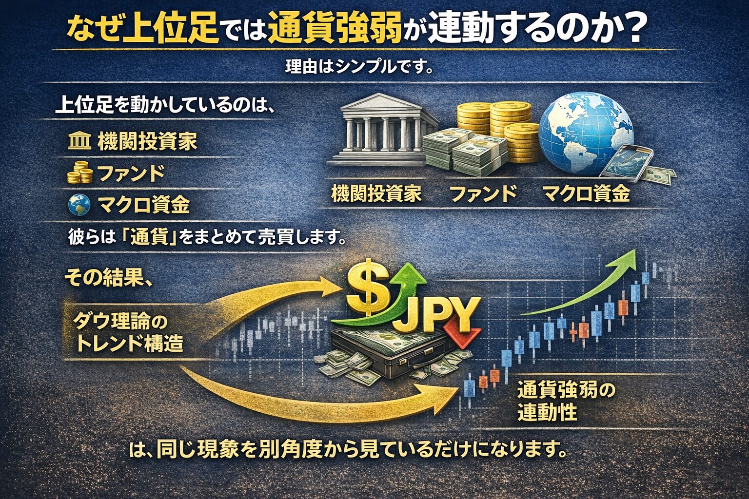 上位足で通貨強弱が連動する理由の解説。機関投資家、ファンド、マクロ資金などが「通貨単位」でまとめて売買を行うため、ダウ理論のトレンド構造や通貨ペア間の連動性が生まれるという相場の裏側。