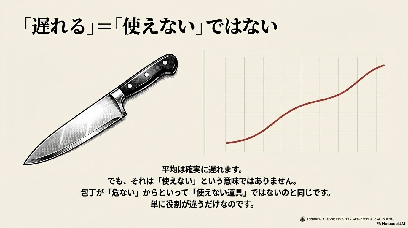 「遅れる」＝「使えない」ではない。平均線は確実に遅れるが、それは包丁と同じく「道具の役割」の違いであり、正しく使えば有効であることを説明するイラスト。