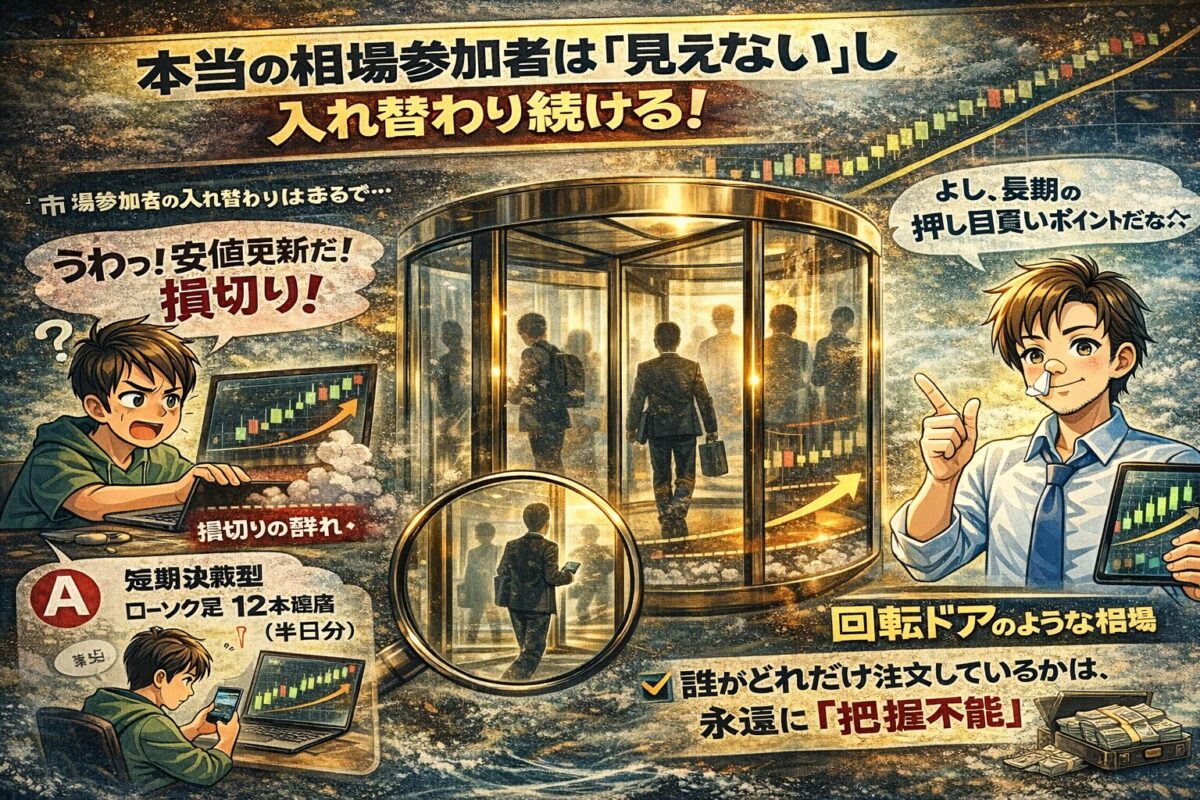 市場参加者は見えず常に入れ替わり続けているため、正確な注文量は把握できないことを示す回転ドアの比喩。