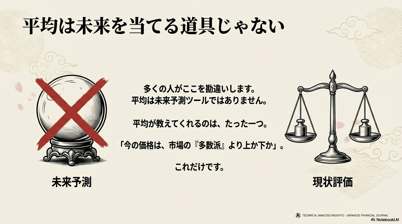 平均は未来を当てる水晶玉（予知ツール）ではなく、現在の価格が市場の多数派より上か下かを測る天秤（現状評価ツール）であることを示す比較図。