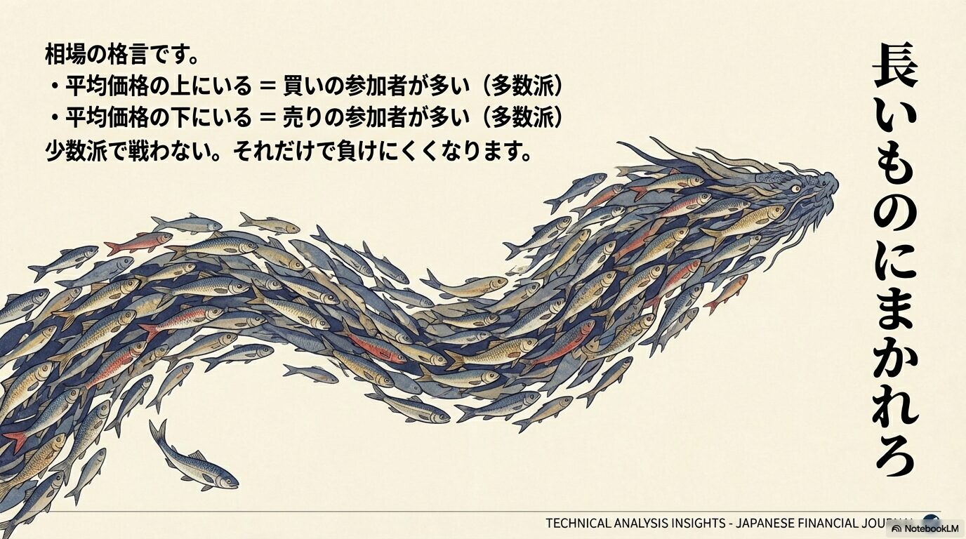 相場の格言「長いものに巻かれろ」のイメージイラスト。平均価格より上は買いの多数派、下は売りの多数派であることを示し、少数派で戦わずトレンドに従う重要性を説く図。