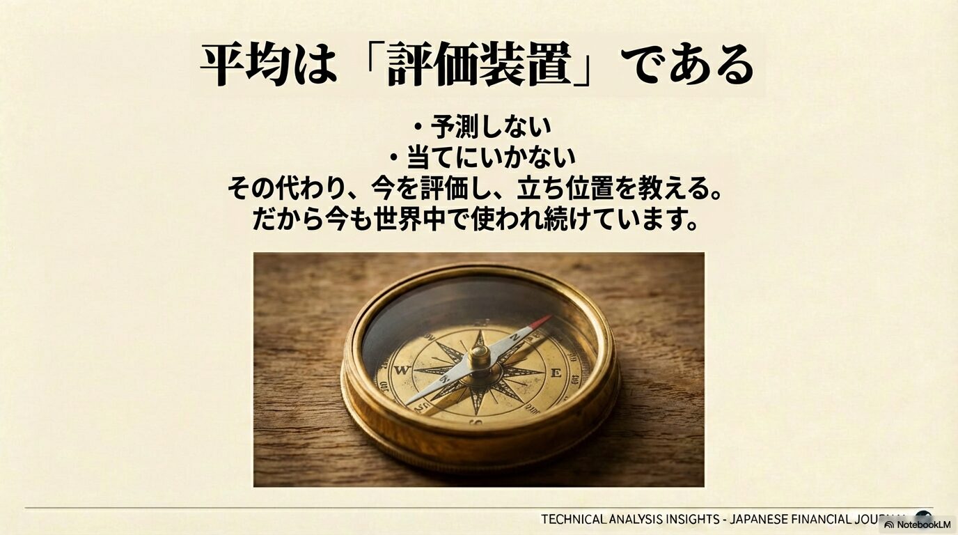 平均は「評価装置」である。未来を予測したり当てに行ったりするのではなく、今の相場の立ち位置を教えてくれるコンパス（羅針盤）のような役割であることを示すイメージ画像。