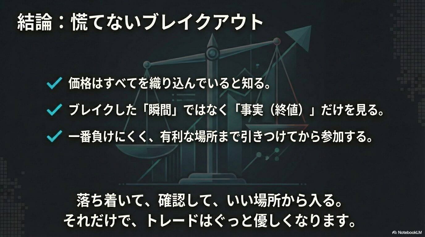 結論：慌てないブレイクアウト手法の要点まとめ。価格の織り込みを理解し、終値確定の事実を見て、有利な場所まで引きつけてエントリーするトレード哲学。
