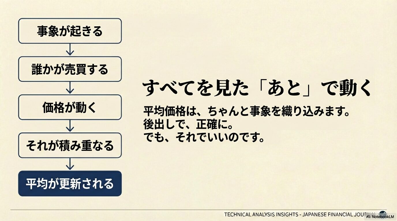 事象発生から平均価格更新までのプロセスフロー図。ニュースや売買を経て価格が動き、それが積み重なって初めて平均が動く「後出し・正確な織り込み」のメカニズム。