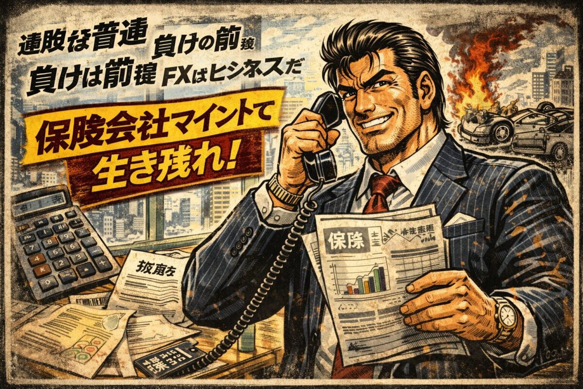 確率論と勝率を前提に資金管理とプロスペクト理論でFXをビジネスとして捉える保険会社マインドの劇画タッチイラスト