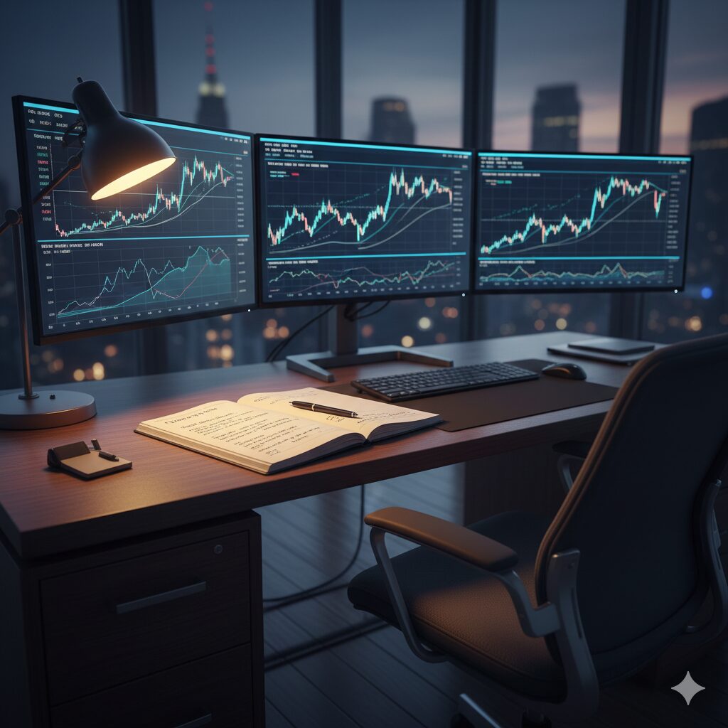 トレード計画が記されたノートとモニターが並ぶプロトレーダーのデスク。日々の振り返りと学習の継続を促す情景。