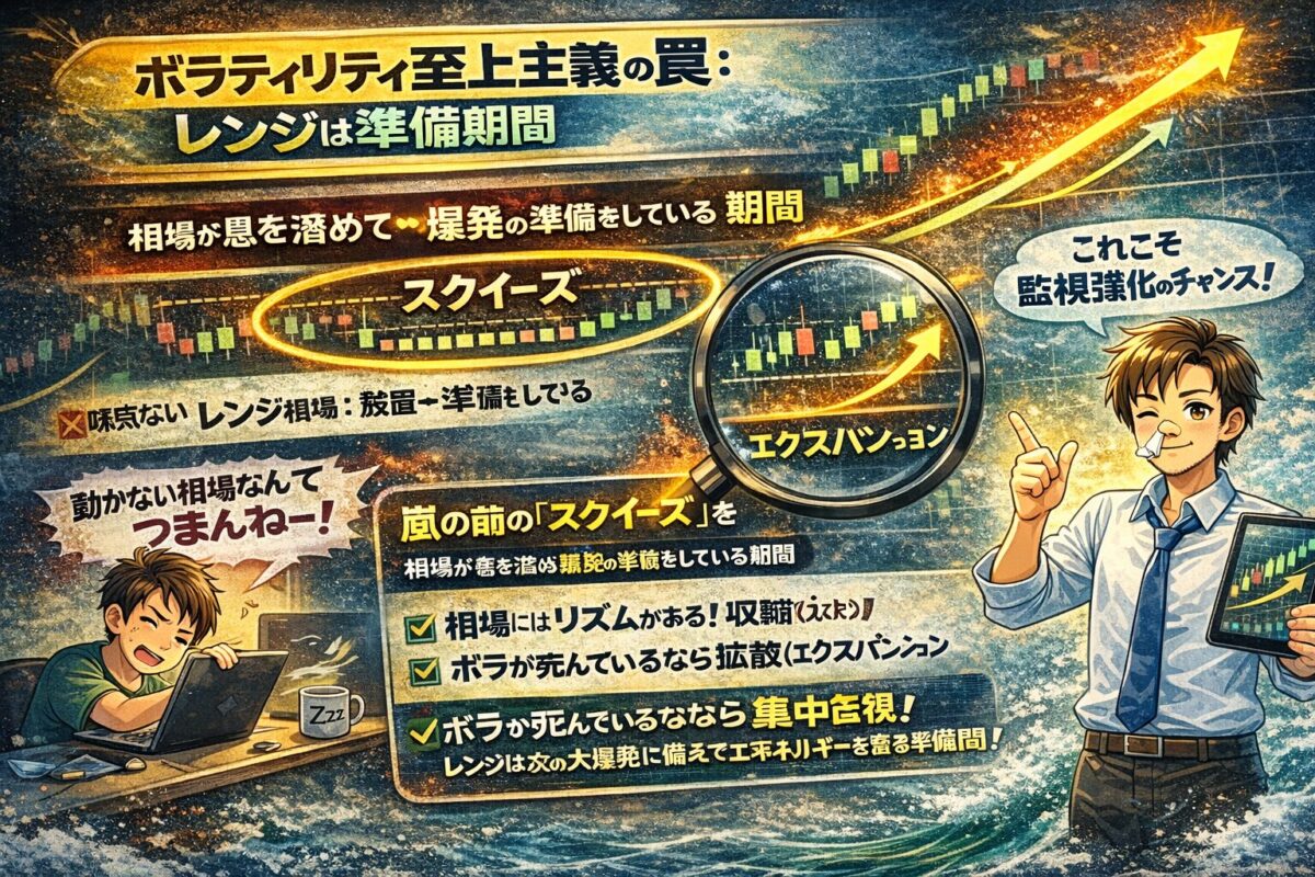 レンジ相場のトレード戦略。低いボラティリティ(スクイーズ)を無視するのではなく、将来の拡大(エクスパンション)への準備期間として捉える解説。