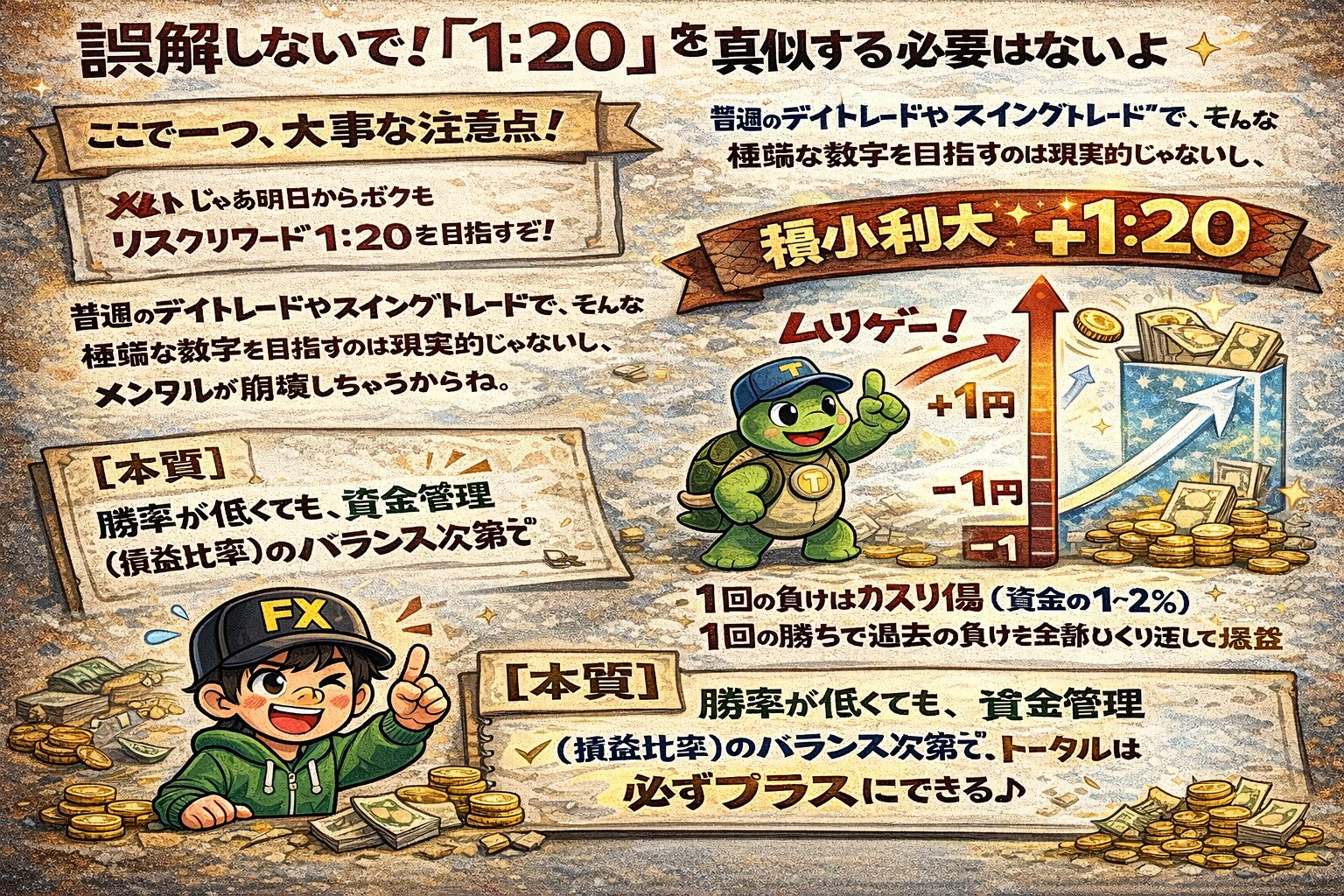 タートルズのリスクリワード1:20はデイトレードでは非現実的。勝率と資金管理のバランスで勝つ本質を図解