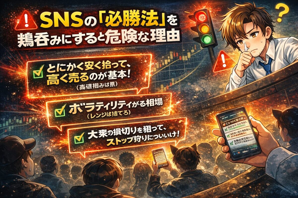 「安く買って高く売る」や「ストップ狩りについていく」といったSNS上のトレード神話を鵜呑みにすることへの警告インフォグラフィック。