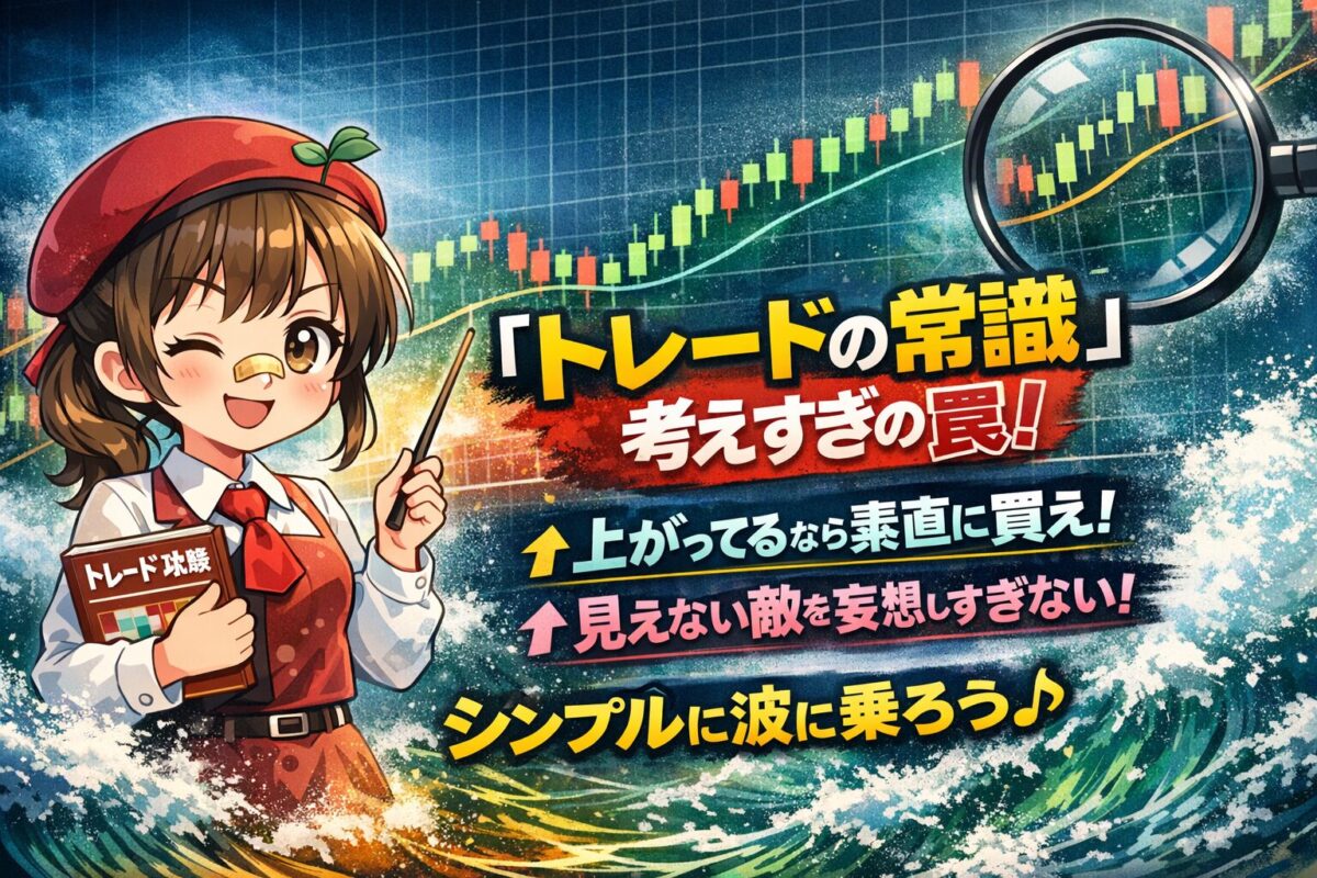 トレードのシンプルな順張り戦略を解説する女性キャラクター。「上がったら買う」ことと、ノイズを考えすぎないことを推奨。