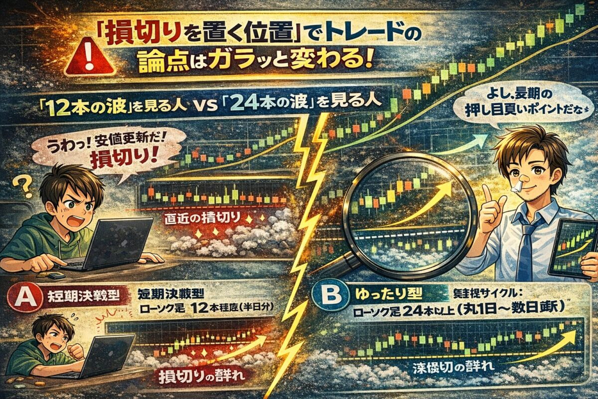損切り位置に基づくトレード視点の比較。価格下落に対する短期トレーダー(ローソク足12本)と長期トレーダー(24本)の反応の違い。