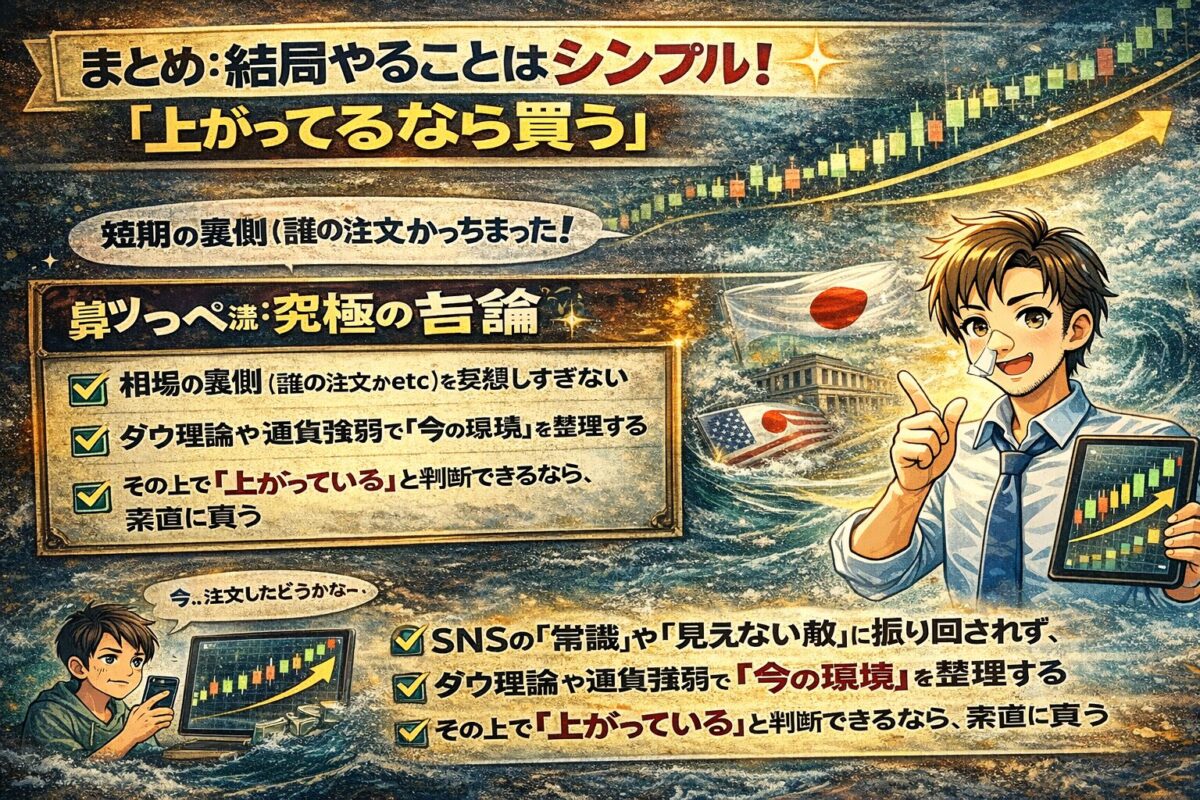 トレード講座のまとめ。「上がっているなら買う」というシンプルさ、ダウ理論による環境認識、そして見えない敵を無視することを推奨。