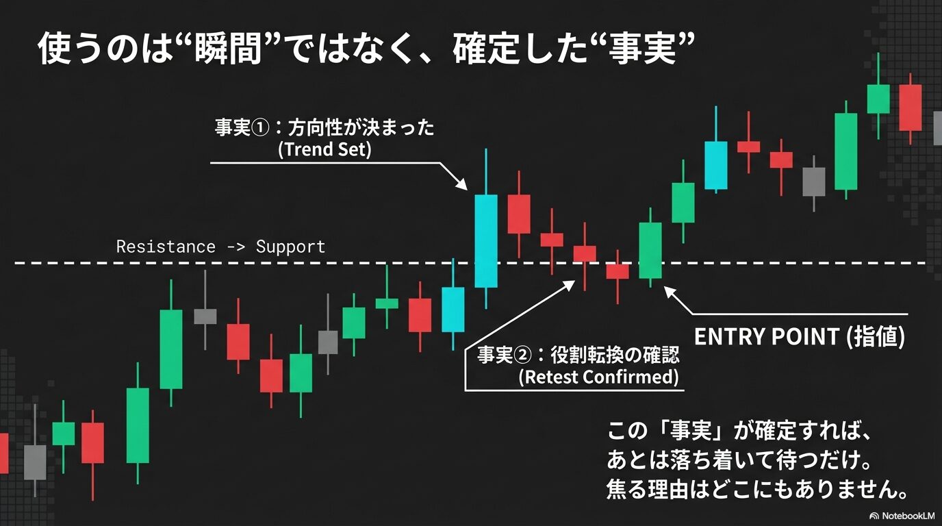 ブレイクアウト後のロールリバーサル（役割転換）を狙ったエントリーポイントのチャート解説。レジスタンスラインがサポートラインに変わり、リテスト（押し目）を確認して指値を入れる手法。