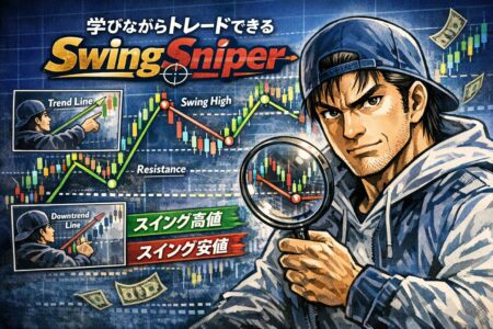 SwingSniperを使ってダウ理論に基づく環境認識とブレイクアウトを分析する男性トレーダーのイメージ