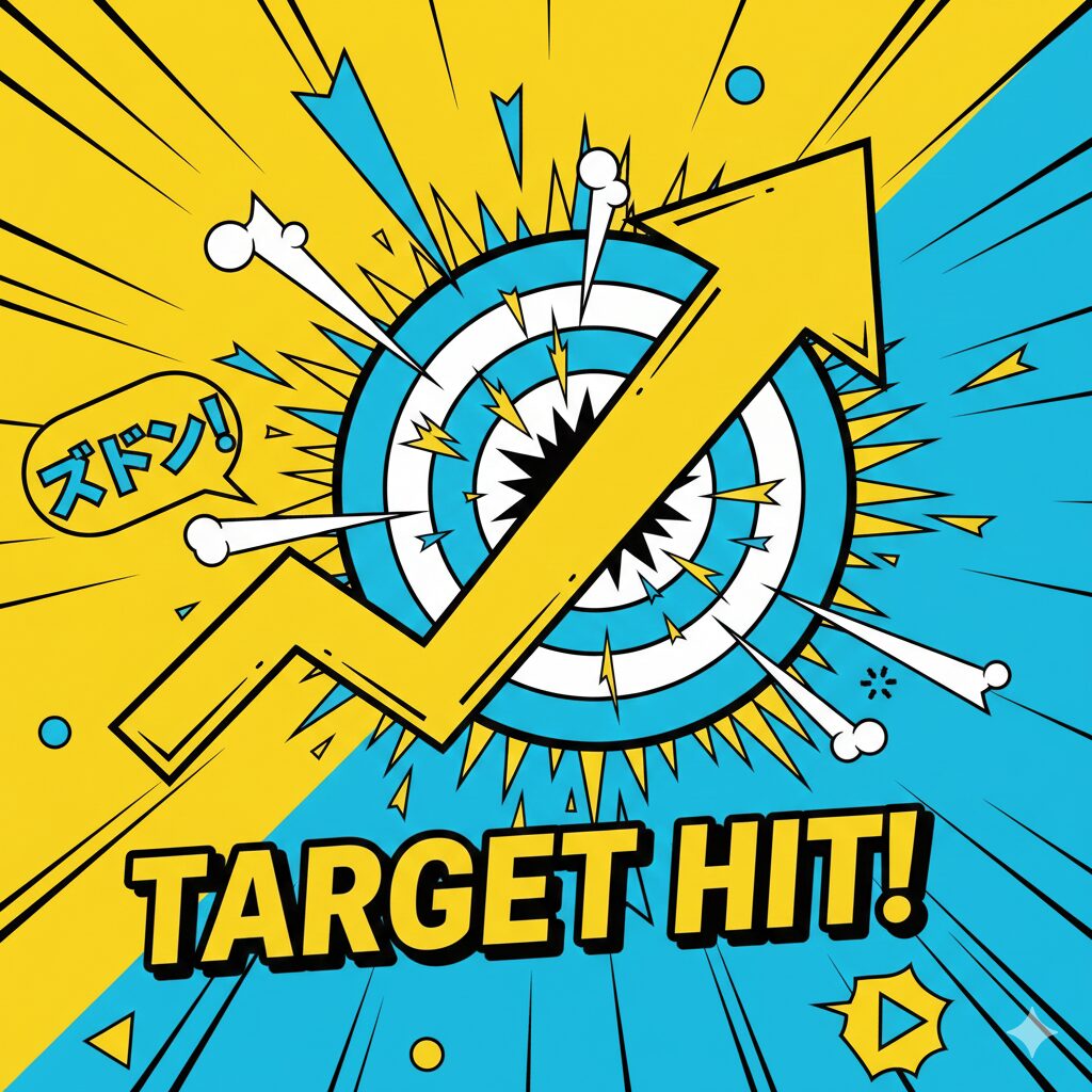 SwingSniperの基本ロジックイメージ。ターゲットに上昇トレンドの矢印が的中し「ズドン!」と利益を狙うポップなイラスト。順張り押し目買いの精度と設計思想を表現。