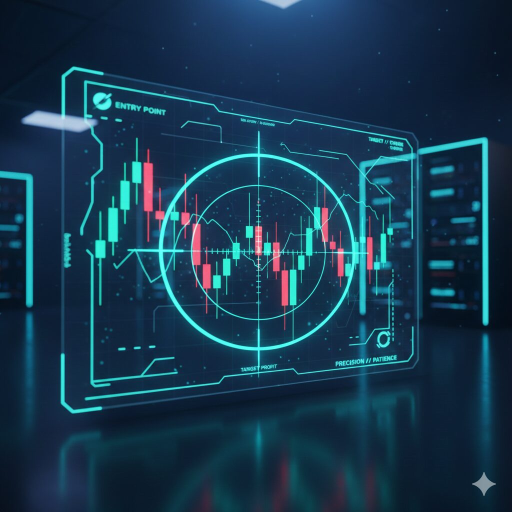 スナイパースコープとローソク足チャートを重ねた近未来的なFXトレードのアイキャッチ画像。SwingSniperの精密な相場分析を表現。