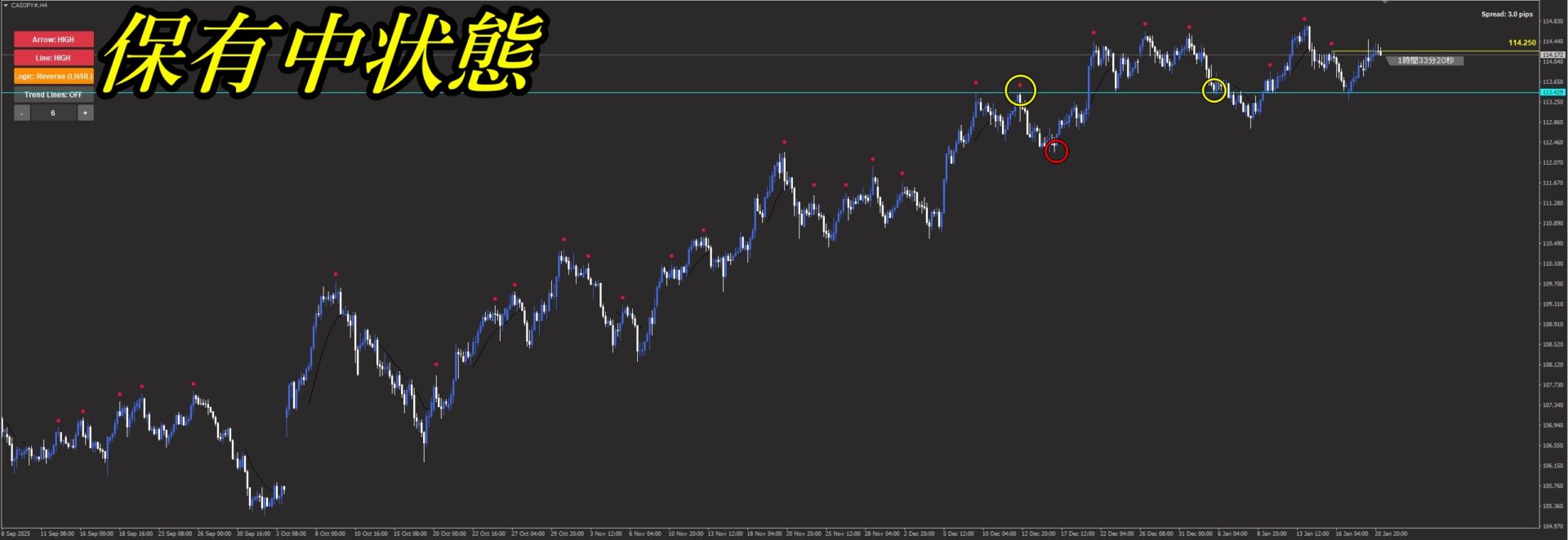 SwingSniperトレード保有中(初期)。エントリー直後のポジション保有状態と、直近安値への損切りライン確認