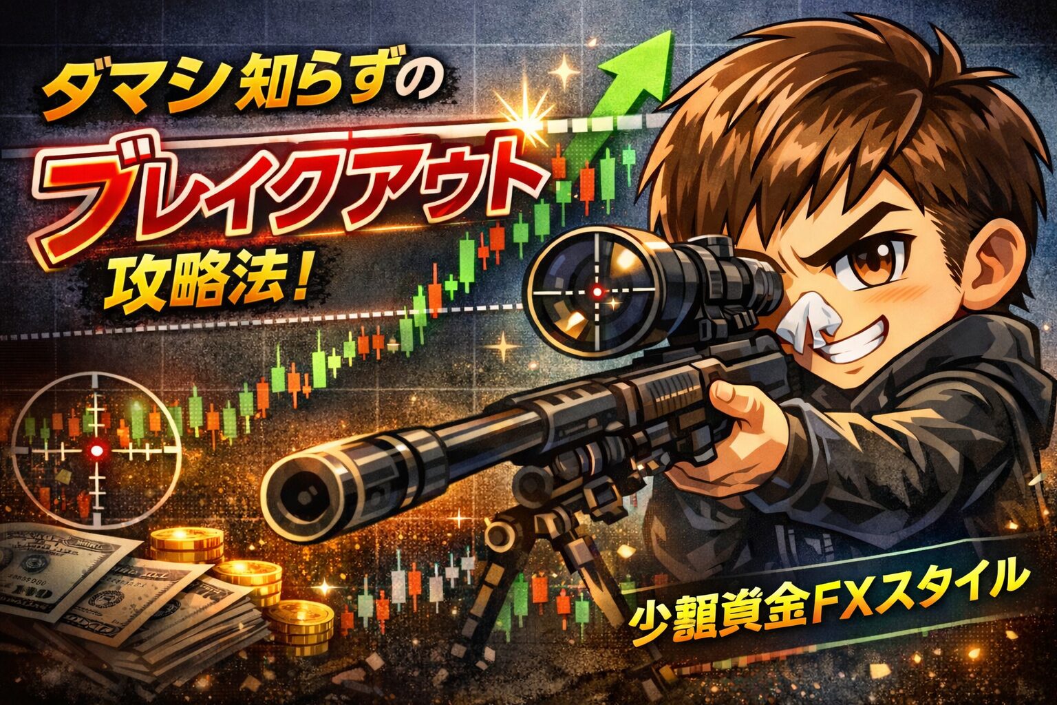 ブレイクアウトを狙うスナイパー風キャラクターとローソク足チャート、少額資金FXスタイルを表現したアイキャッチ画像