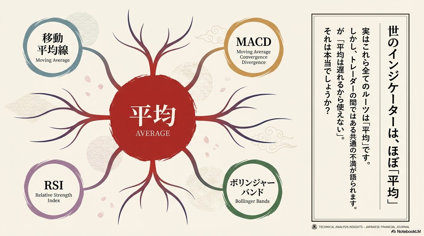 世の中のインジケーターのルーツは「平均」にあることを示すマインドマップ。移動平均線、MACD、RSI、ボリンジャーバンドの全てが「平均（Average）」から派生していることの解説図。