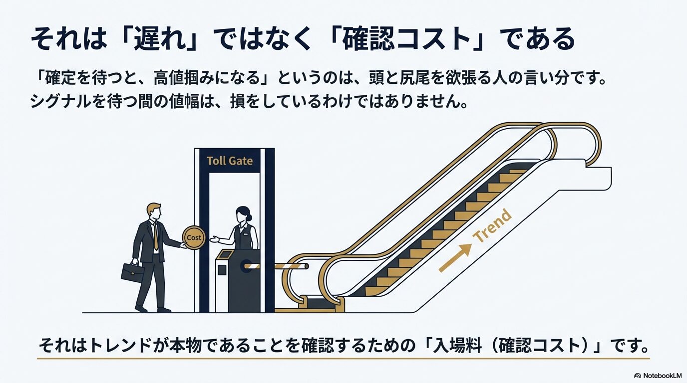 それは「遅れ」じゃなくて「確認コスト」。安全に乗るためのチケット代だね☆ トレンドに乗るための確認コストを入場料として支払うイメージ図