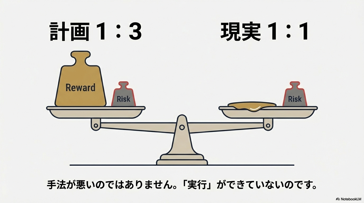 計画上のリスクリワードは1:3でも現実は1:1になっている天秤
