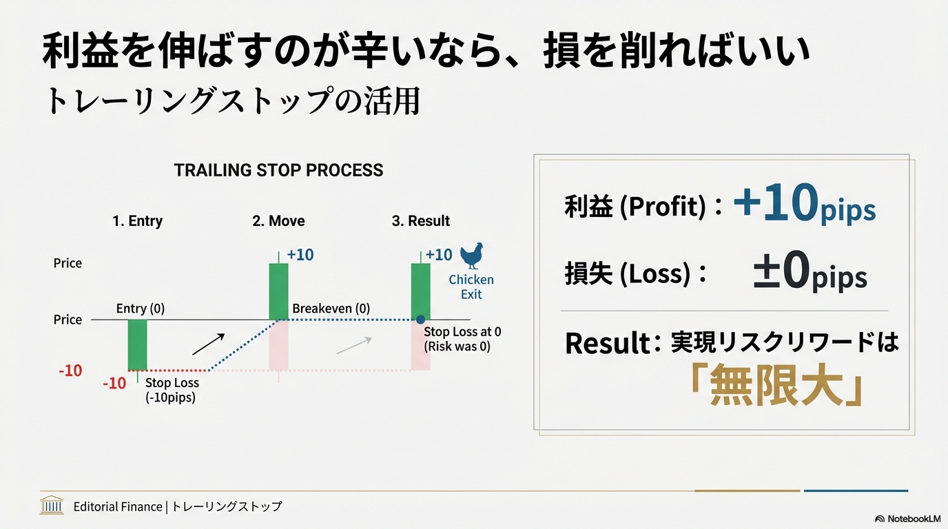トレーリングストップを活用して実現リスクリワードを無限大にする方法