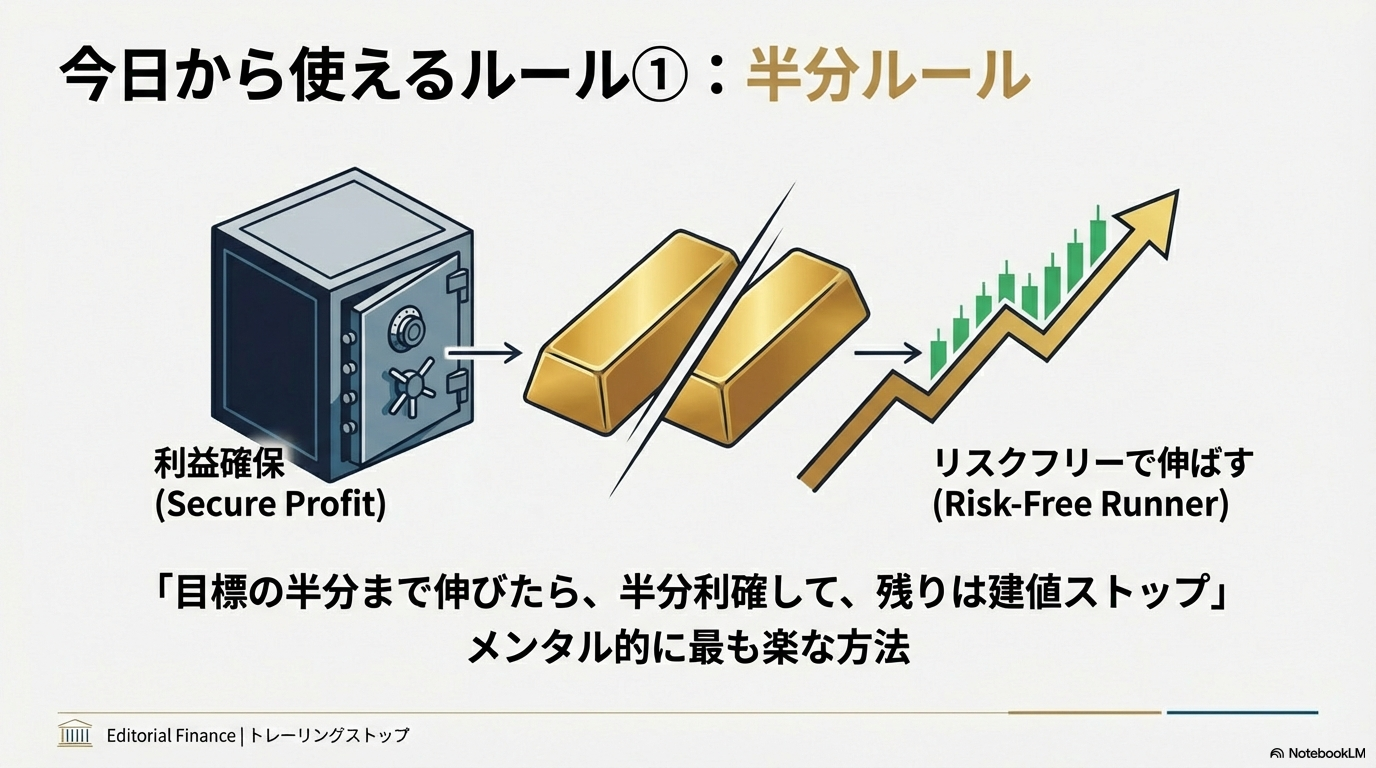 FX利益確保のコツ：半分利確して残りは建値ストップでリスクフリーにする