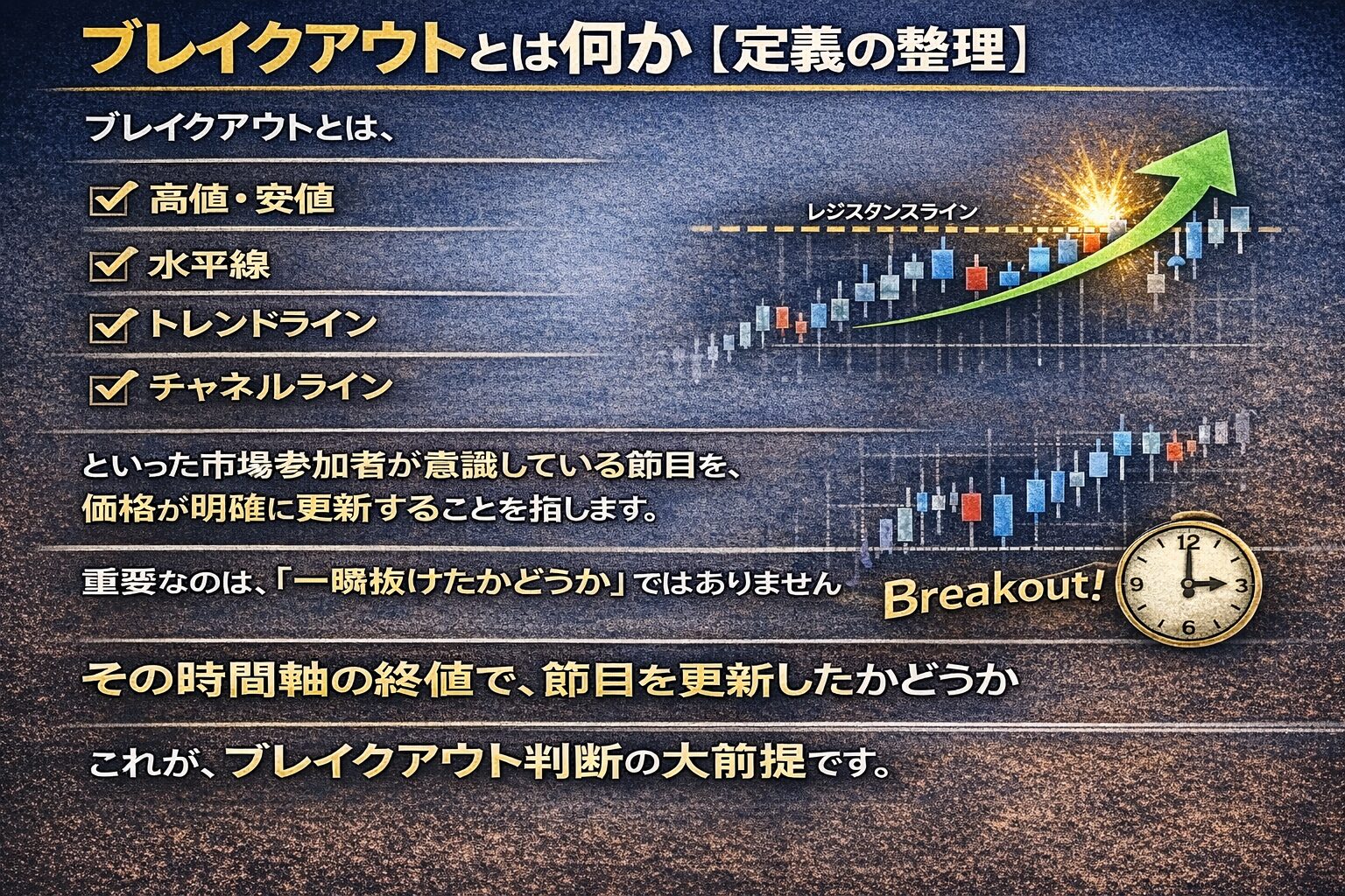 FXにおけるブレイクアウトの定義。レジスタンスラインやトレンドラインを終値で明確に更新することを指し、一瞬の高値更新（ヒゲ）ではないことを示すチャート図解。