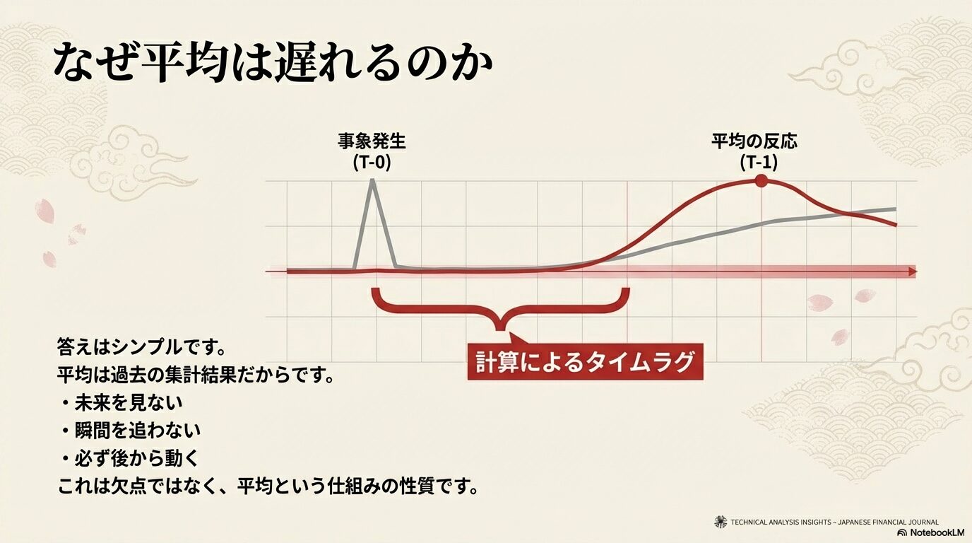 なぜ平均は遅れるのか？事象発生（T-0）と平均の反応（T-1）のタイムラグを示すチャート。計算による遅延は欠点ではなく、過去の集計という仕組みの性質であることを解説。