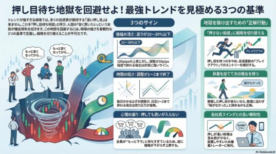 押し目待ち地獄を回避するために、値幅の浅さ・調整時間の短さ・心理的な買い不在という3つの基準から、強いトレンド相場を見極める考え方を解説したFXインフォグラフィック