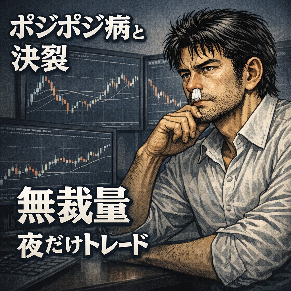 ポジポジ病と決裂し無裁量で夜だけトレードする設計型FXスタイルを表現した昭和劇画タッチの男性トレーダーイラスト