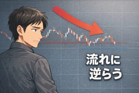 日足や4時間足のトレンドに逆行したブレイクアウトが戻りで終わりやすい構造を示した解説図