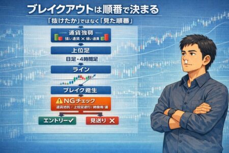 通貨強弱・上位足・ライン・NGチェックが全て揃った時だけエントリーする設計型ブレイクアウト判断図