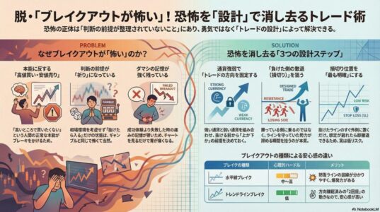 ブレイクアウトが怖くなる原因と通貨強弱・負けた側の撤退・明確な損切りによる設計的解決法を整理した図