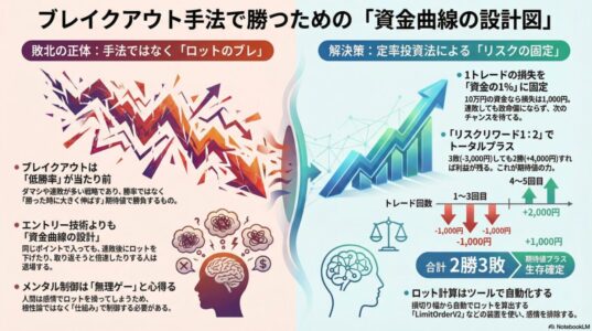 ブレイクアウト手法におけるロット管理とリスク固定の全体図解インフォグラフィック