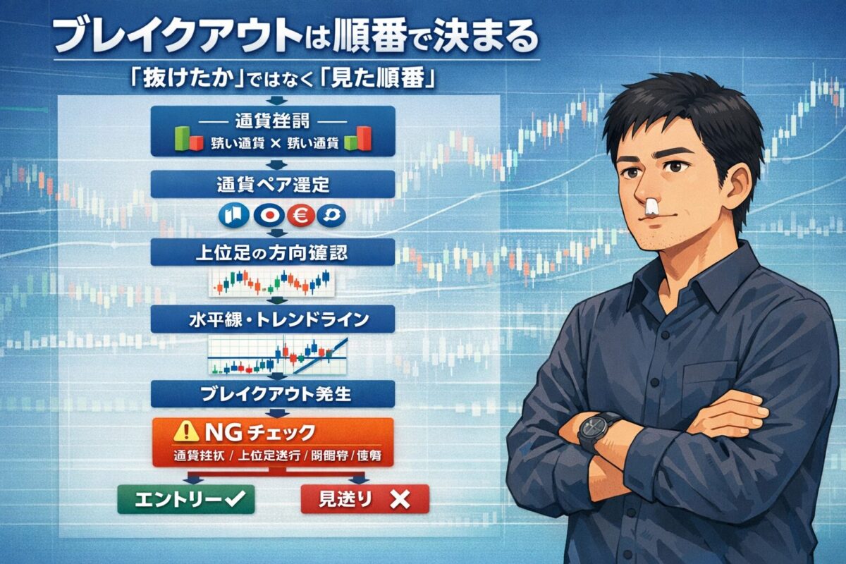 ブレイクアウトを勇気や勢いではなく設計と判断順で行う重要性を表現したFX教育用キャラクターアイキャッチ