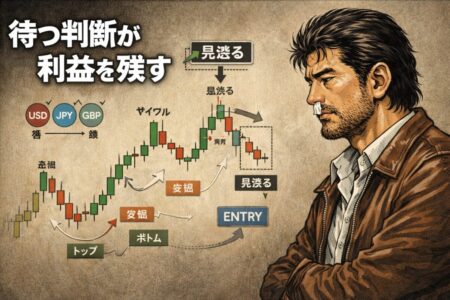 通貨強弱と相場サイクルを確認し、ブレイクアウトを見送る判断が利益を守ることを示したFXトレードの概念図。