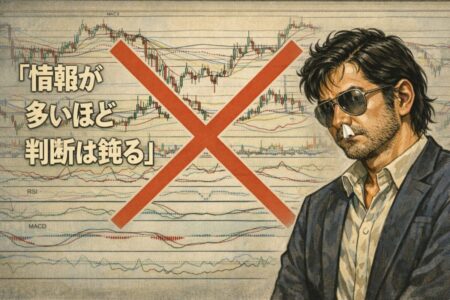 RSIやMACDなど複数のテクニカル指標を重ねすぎることで判断が遅れるFXトレードの問題点を示した解説画像