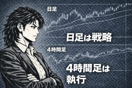 時間足ごとに役割を分けて相場を分析・実行する考え方を整理したトレード設計イメージ