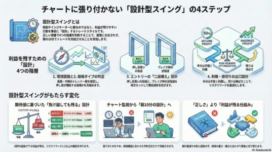 チャートに張り付かず利益を残す設計型スイングトレードの全体像と4ステップをまとめたFXアイキャッチインフォグラフィック