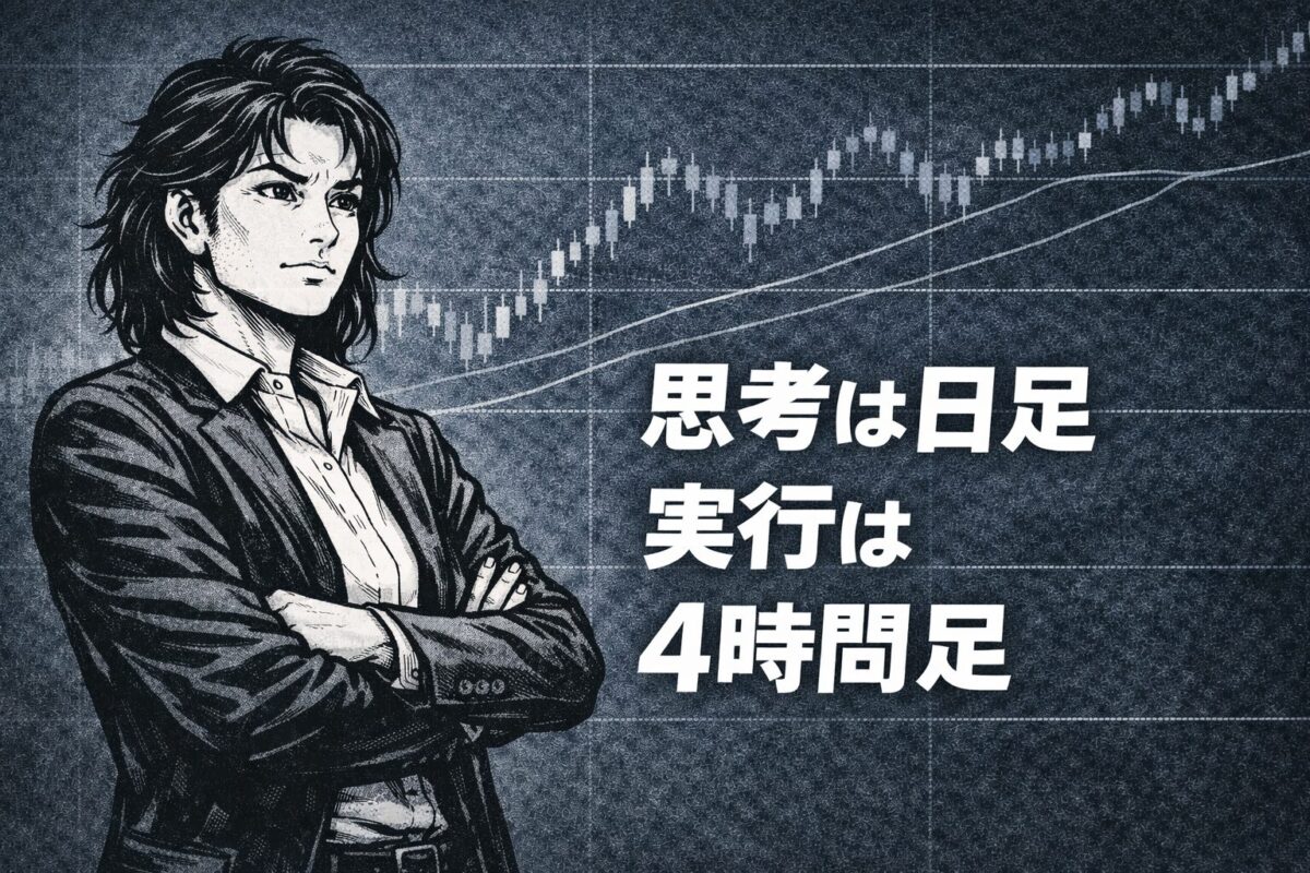 ダウ理論とサイクル理論を日足で捉え、4時間足で実行する考え方を象徴した劇画タッチの女性トレーダーのイラスト