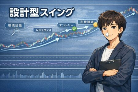 手法やインジケーターに頼らず事前設計でトレードを組み立てる設計型スイングの基本概念を示したFX図解