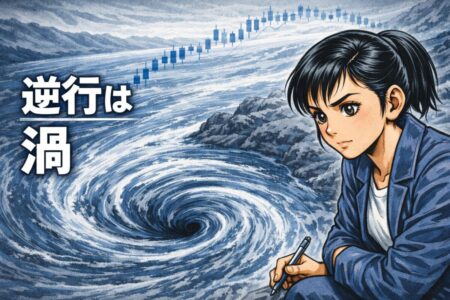 執行足で発生する逆行トレンドを川の渦に例えて説明した図解イラスト