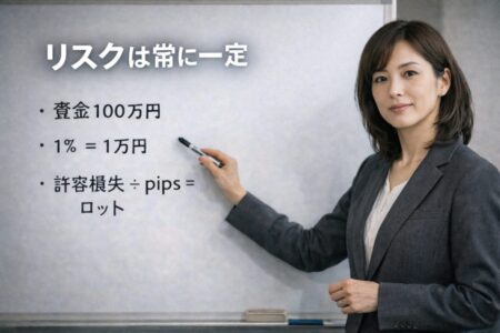 資金100万円・1％リスク固定の定率投資法モデルを説明する図解